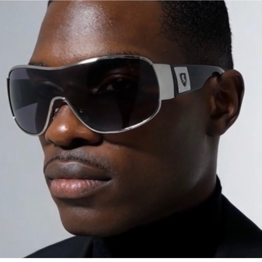 Men Shield Sunglasses Silver Black Wrap Around UV400 Hip Hop Gangster Streetwear